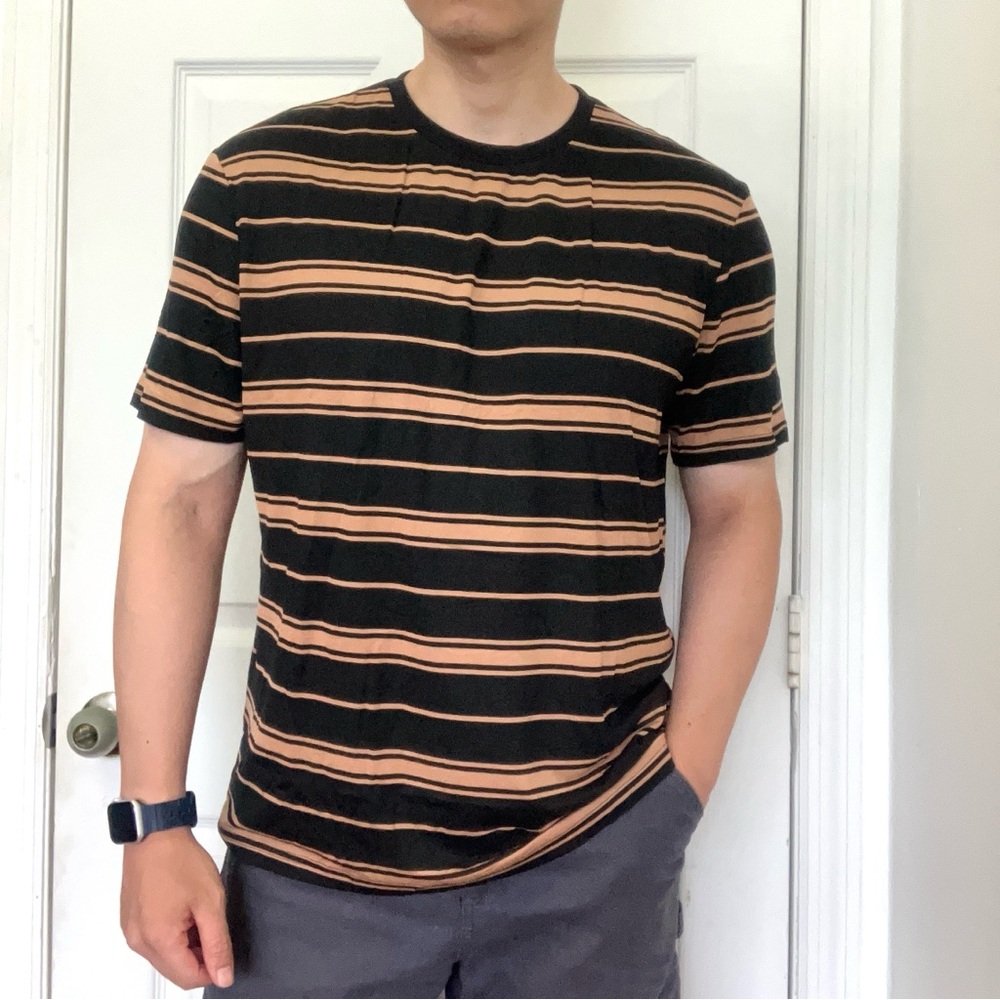 NEW mens MANFINITY black striped crewneck stretchy short sleeve T shirt - Picture 4 of 6